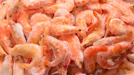 Fresh shrimps in ice. Top view.