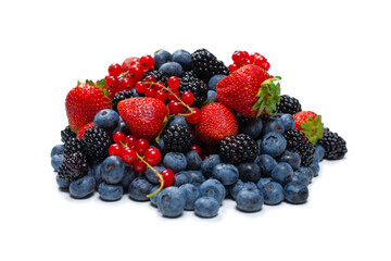 Blackberry, raspberry, blueberry,  red currant and mint background.