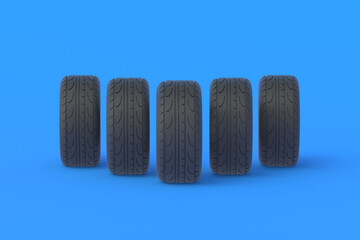 Row of car tyres on blue background. Automotive parts. Traffic safety. Automobile service. Buying, selling of tires. 3d render