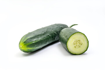 Cucumber on white background with clipping path. Fresh whole cucumber and sliced in half isolated on white background