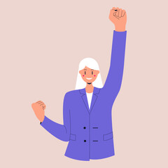 A girl in a business suit stands in the winners pose. A confident businesswoman. Colorful flat vector illustration on isolated background. Eps 10.