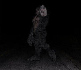 3d illustration of a Bigfoot crossing a road and being illuminated by car headlights
