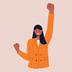 A black girl in a business suit stands in the winners pose. A confident businesswoman. Colorful flat vector illustration on isolated background. Eps 10.