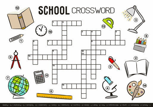 Leisure crossword on school objects for kids. Children's game with cartoon elements. Book, lamp, ruler, globe, palette, clock and other. Vector illustration