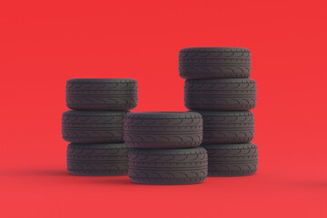 Fototapeta na wymiar Heap of car rubber tyres on red background. Automotive parts. Traffic safety. Automobile service. Buying, selling of tires. 3d render