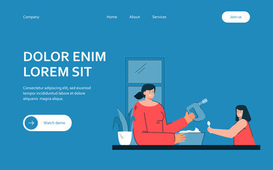 Mother and daughter cooking together. Female character beating cream with mixer. Little girl holding spoon. Both smiling. Family bounding concept for banner, website design or landing web page