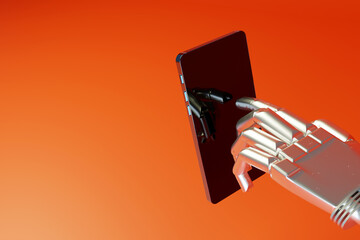 The robot's hand is raised to the screen of a mobile phone. Concept for the development of artificial intelligence and digital technologies. 3d rendering