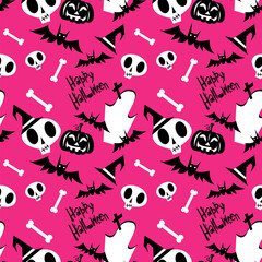 Vector cute halloween pattern with pumpkin, ghost, headstone, skeleton, witch hat on pink background for fabrics, paper, textile, gift wrap