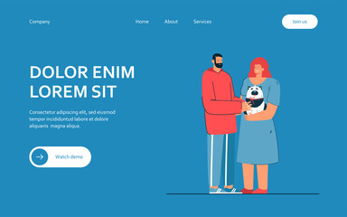 Man presenting dog to woman. Female character holding happy puppy. Bearded male character giving dog with red ribbon to his sweetheart. Love concept for banner, website design or landing web page