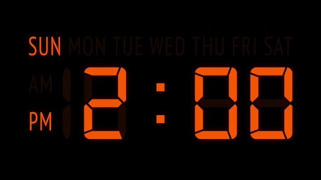 Loopable: LED digital clock displays week days and the current time in 12-hours AM/PM format updating 1 minute per frame.