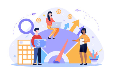 Banchmarking as business. Team trying come up with original concept forapplication. Performance, quality comparison to competitor companies. Cartoon flat vector illustration on white background