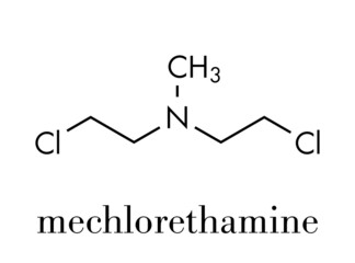 Chlormethine (mechlorethamine, mustine, HN2) cancer chemotherapy drug molecule. Nitrogen mustard compound also used a blister agent (chemical weapon). Skeletal formula.