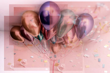 An abstract aesthetical beautiful pink picture of neon balloons in brown, purple, green and pink balloons fused together with confetti frames 