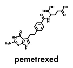 Pemetrexed lung cancer drug molecule. Skeletal formula.