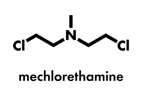 Chlormethine (mechlorethamine, mustine, HN2) cancer chemotherapy drug molecule. Nitrogen mustard compound also used a blister agent (chemical weapon). Skeletal formula.