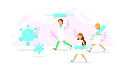 Abstract Flat Medic Man And Woman Running With Syringes For The Virus Cartoon People Character Concept Illustration Vector Design Style Coronavirus COVID-19 Mass Vaccination Healthcare Epidemic