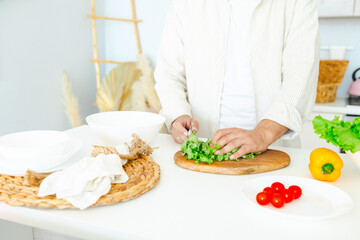 happy young, handsome, bearded man is standing in the modern kitchen prepares a salad of fresh vegetables, cuts vegetables with a knife on a cutting board, cooking as concept of a man's hobby
