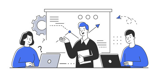 Teamwork in office. Business meeting at seminar. Group of people working on large project. They analyze charts and reports. Come up with new ideas and discuss them together. Flat cartoon illustration