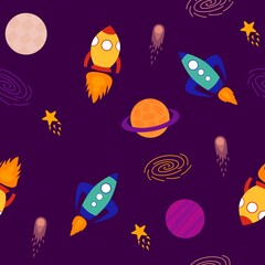 Obraz premium Seamless space pattern. Planets, rockets and stars. Icons of cartoon spaceships