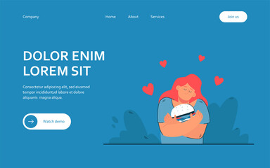 Woman holding hamburger with affection. Young female character embracing fast food with love. Red hearts flying in air. Food love concept for banner, website design or landing web page