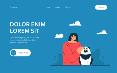 Cartoon woman stroking happy dog. Flat vector illustration. Female owner showing tenderness to her pet and petting it with love. Animal, pet, care, love concept for banner design or landing page