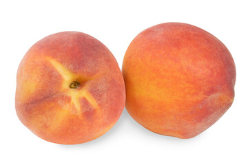 Two ripe red and yellow peaches isolated on a white background.Bright, fresh fruits on a white background.Use for labels, posters and web design.
