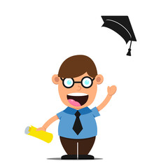 Cute cartoon little school boy with glasses. Class of Student kid character isolated on white background. Happy smile children high up graduation cap. Vector illustration
