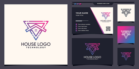 House tech logo design with triangle line art style and business card design Premium Vector