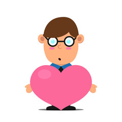 Cute cartoon little school boy with glasses. Student kid character isolated on white background. Confused children with pink heart. Vector illustration