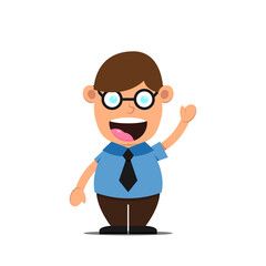 Cute cartoon little school boy with glasses. Student kid character isolated on white background. Happy smile children say hello. Vector illustration
