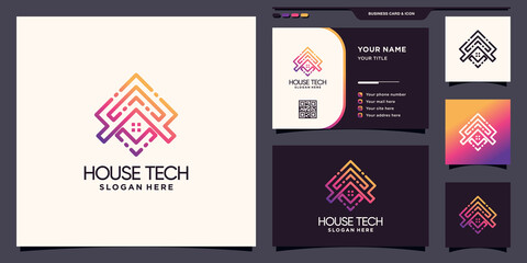 House logo design technology with unique line art style and business card design Premium Vector
