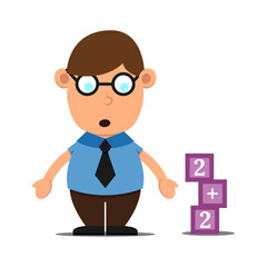 Cute cartoon little school boy with glasses. Student kid character isolated on white background. pensive children solves the puzzle. Vector illustration