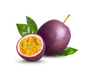 Delicious ripe passion fruits and green leaves on white background