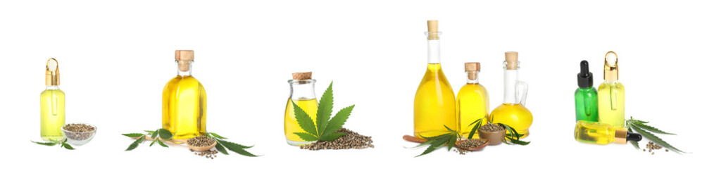 Set with hemp oil, seeds and leaves on white background. Banner design