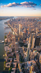 Aerial view New York City Skyline with Freedom Tower at Sunset