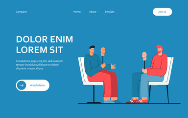 Two cartoon men taking off their masks, becoming sincere. Flat vector illustration. Men sitting opposite each other, holding face masks, hiding feelings. Dissimulation, honesty, disguise concept