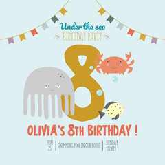 An illustration in a vector. Invitation to the sea party, in cartoon style, on a blue background, with the image of a cute funny jellyfish, crab, fish and the number eight.