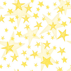 Watercolor seamless pattern from hand drawn illustration of yellow, bright, shiny stars on the sky isolated on white background. Cartoon childish style print for fabric textile, wallpaper, wrapping