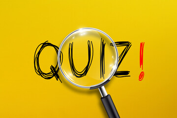Quiz time concept with magnifying glass yellow background