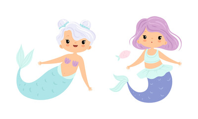 Mermaid with Waving Hair Floating Underwater Vector Set