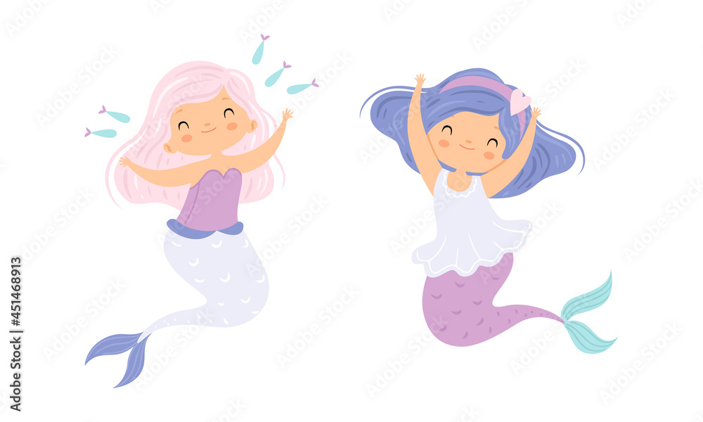 Wall mural Cute Mermaid with Waving Hair Floating Underwater Vector Set