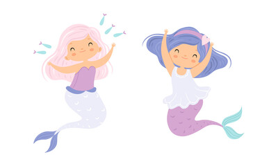 Cute Mermaid with Waving Hair Floating Underwater Vector Set