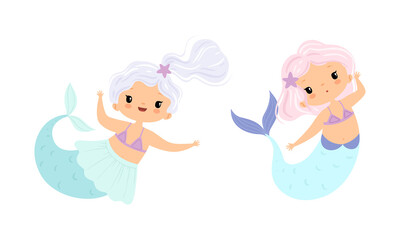 Cute Mermaid with Waving Hair Floating Underwater Vector Set