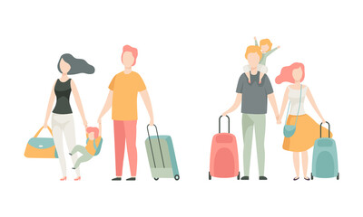Family Travelling with Kids Pulling Suitcase Holding Child by Hand Vector Set