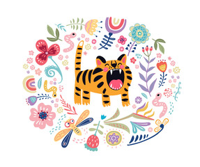 Mad crazy childish roaring tiger screaming with open mouth at rounded botanical frame vector