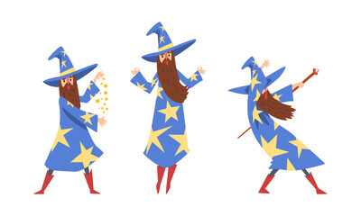Sorcerer in Pointed Hat and Starry Gown Practicing Wizardry and Witchcraft with Magic Wand Vector Set