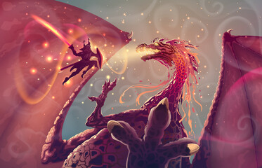 Strong samurai with sword attacks a Japanese dragon in flight, fantasy artwork with battle of warrior and reptile monster. Magic asian landscape with fire breathing dragon and fighter silhouette.