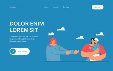 Cartoon character taking child away from mother. Flat vector illustration. Father pulling his hands to little boy sitting in arms of mother. Childhood, family, relationship concept for design