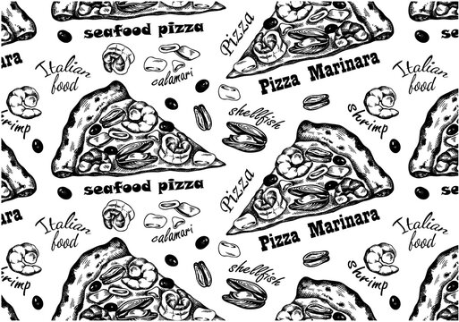Sketch drawing pattern of Marinara pizza isolated on white background. Hand drawn seafood, shrimp, mussels, calamari, shellfish, olives. Wallpaper for pizzeria, menu. Italian food. Vector illustration