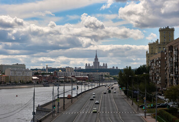 Fototapeta premium Moscow, Russia - 08.08.2021: Panoramic view on the Moscow State University and the Moscow river